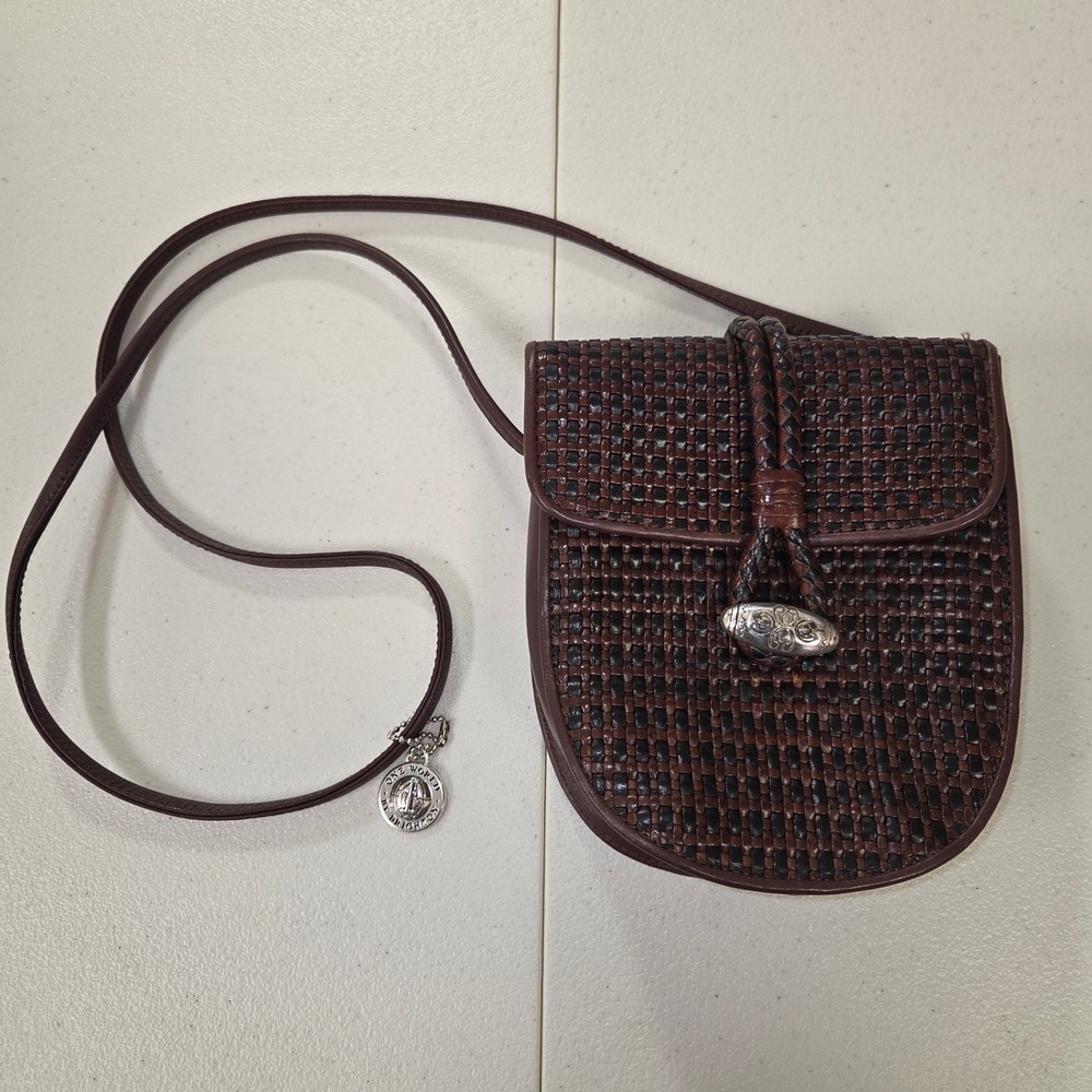 One World by Brighton Brown Woven Leather Mini Crossbody Pouch Bag Toggle